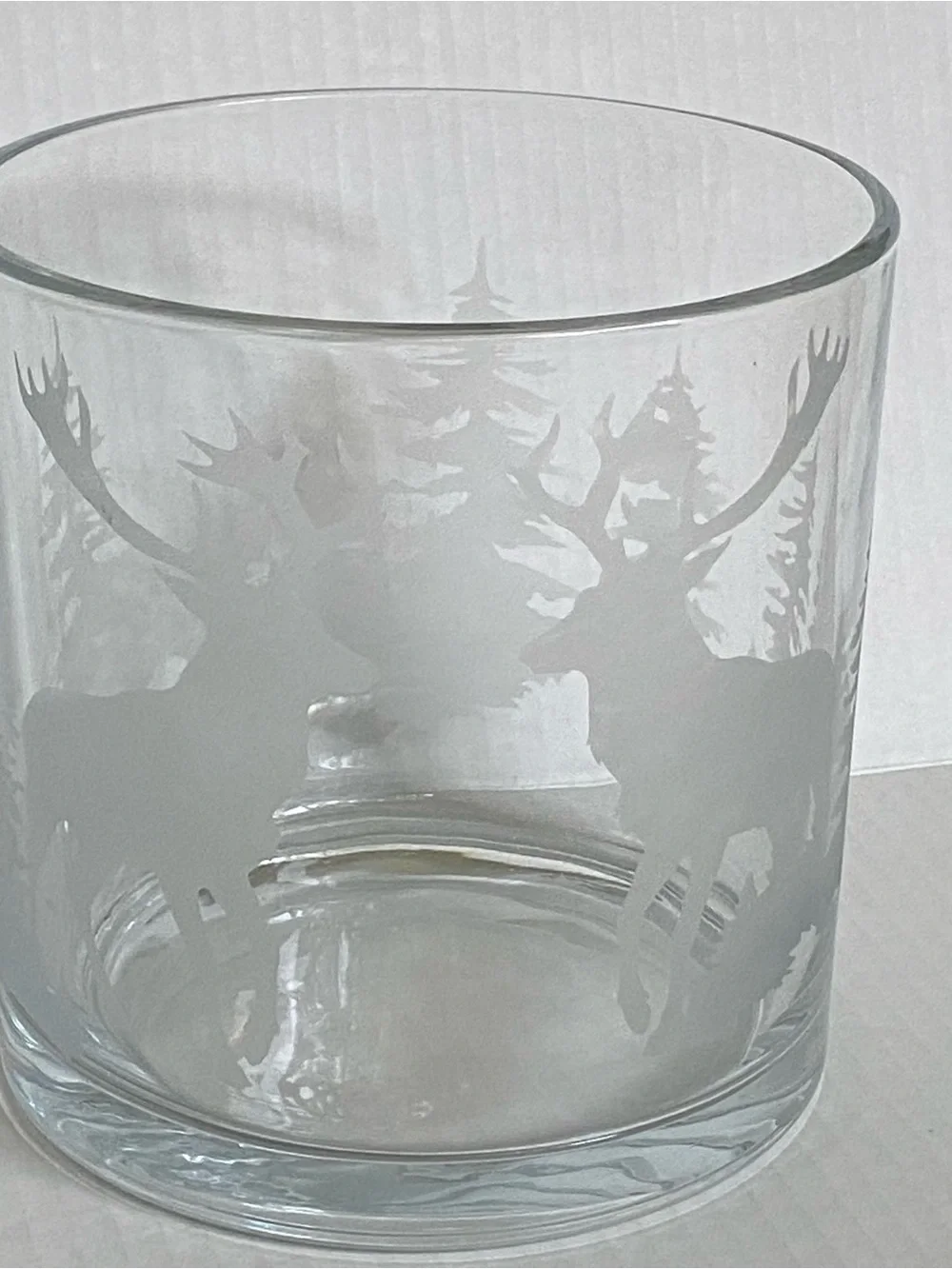 Etched Glass Cylinder Pillar Candle Holder 6” X 6” Vase Woodland Deer Tree EUC